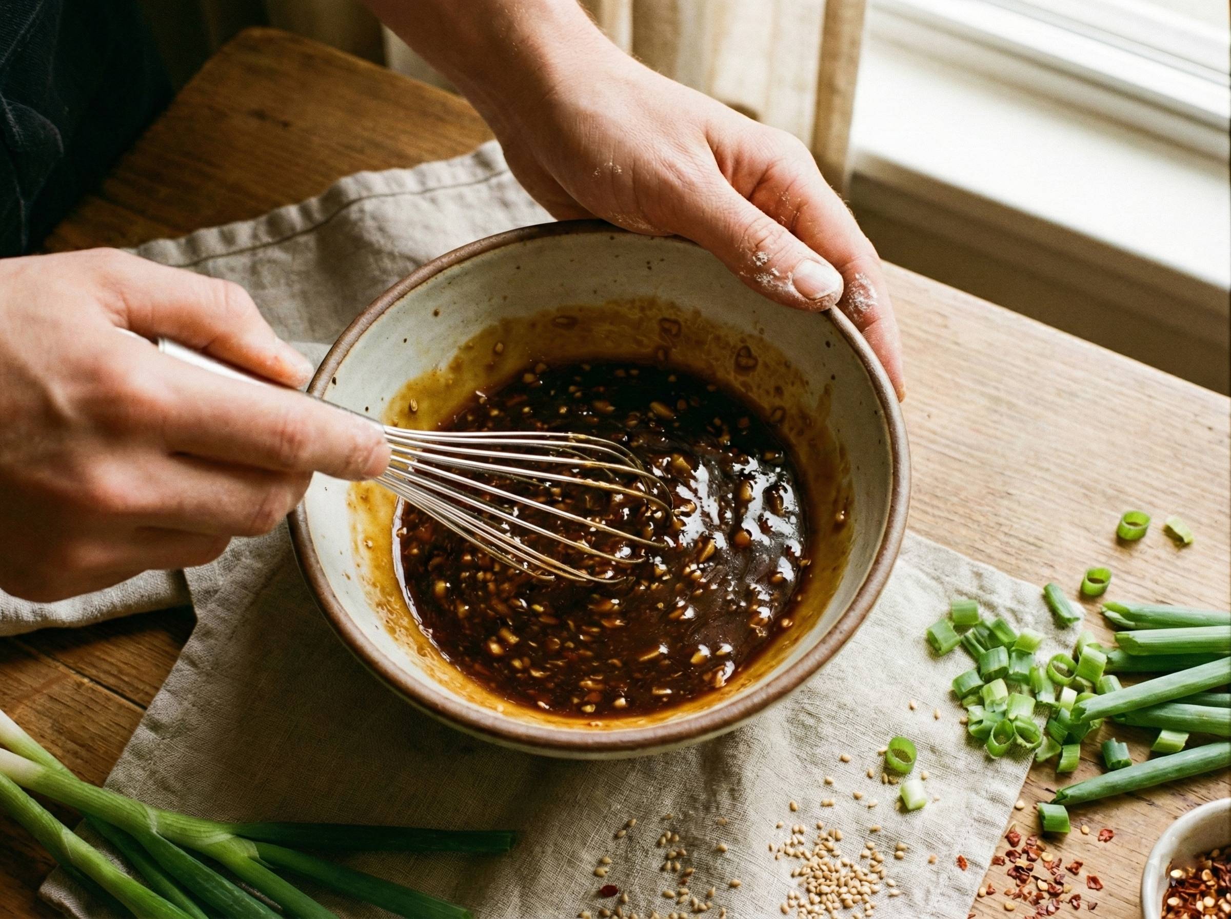 Overhead shot, hands whisking a glossy vegan stir fry sauce in a ceramic bowl.