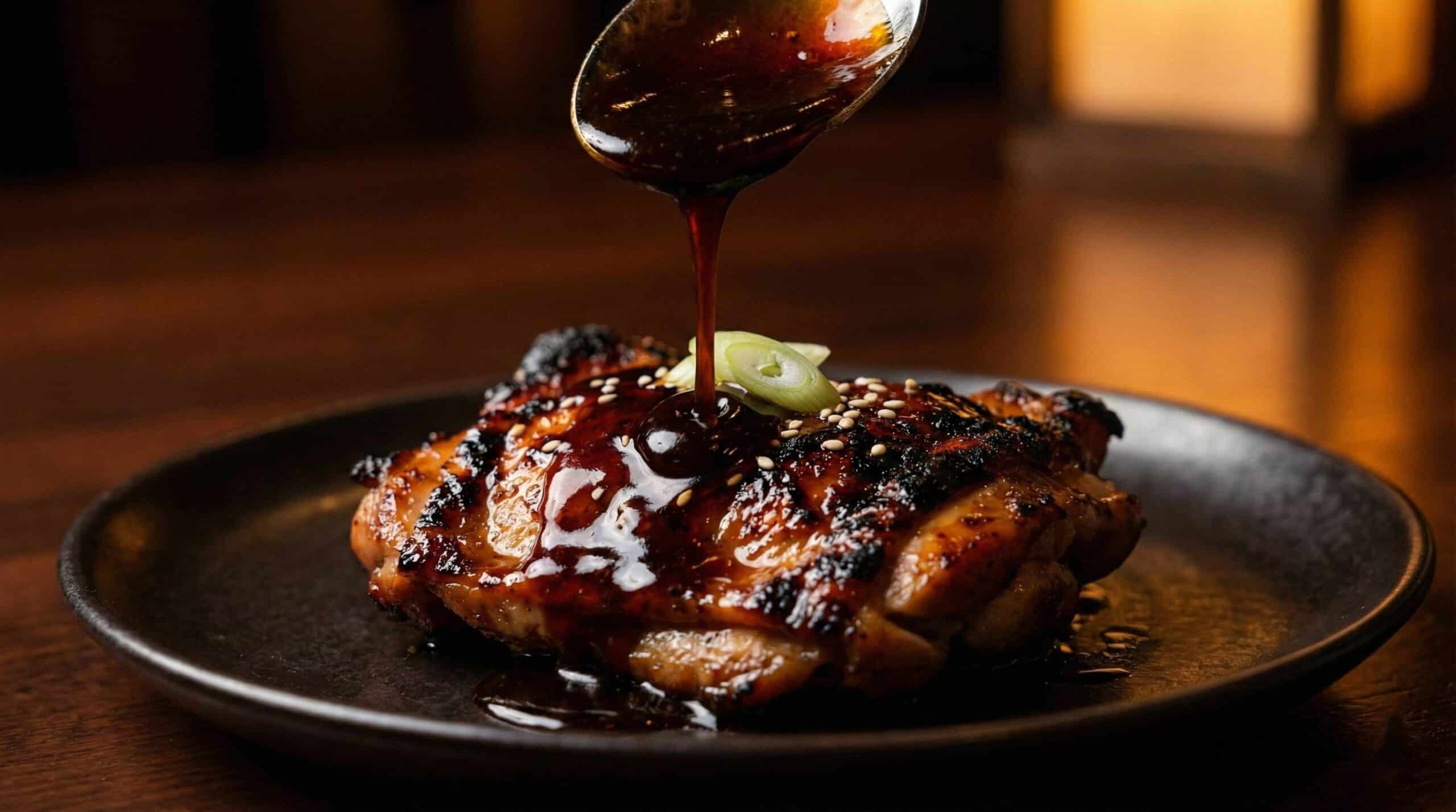 A glossy, homemade teriyaki sauce being drizzled over a piece of grilled chicken or salmon, with a few sesame seeds sprinkled on top. The sauce looks thick and sticky.