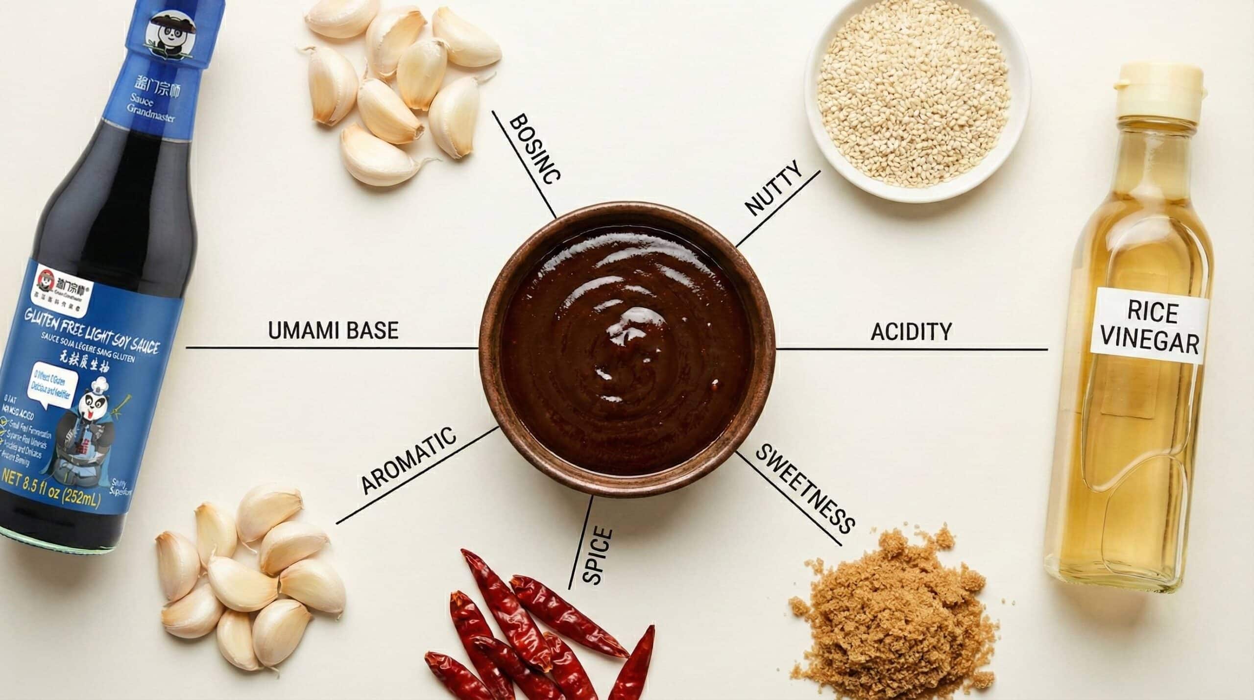 homemade hoisin sauce substitute in a small bowl with Asian ingredients around it