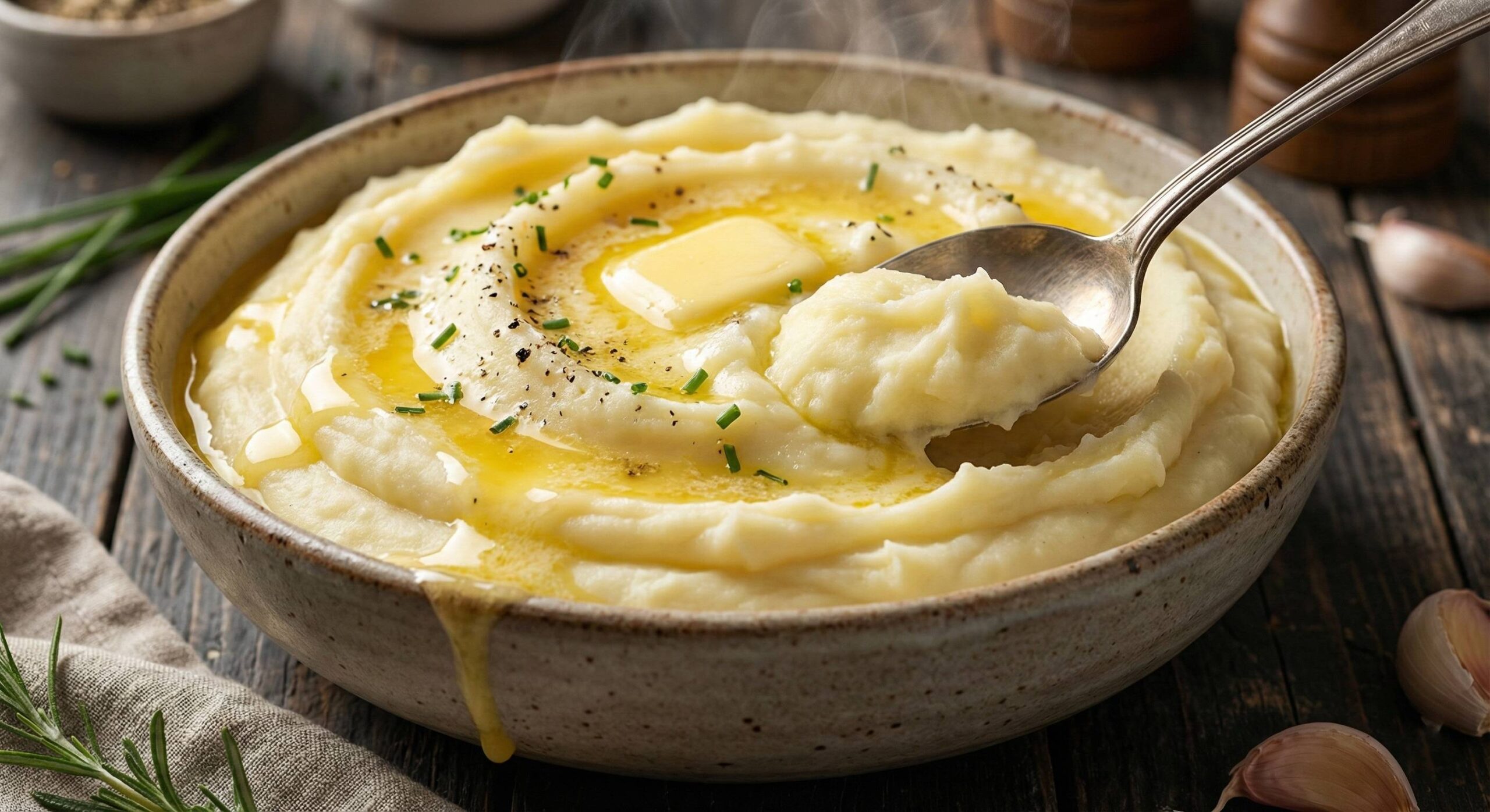 Creamy buttery mashed potatoes in a bowl