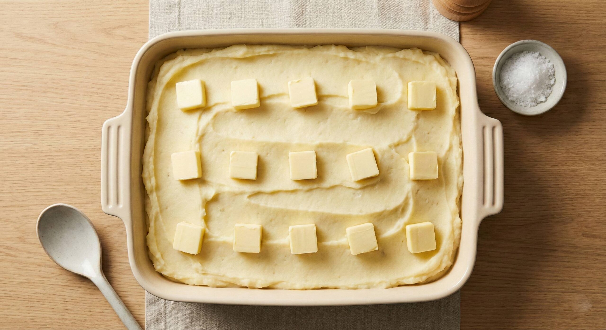 Make-ahead mashed potatoes in a casserole dish