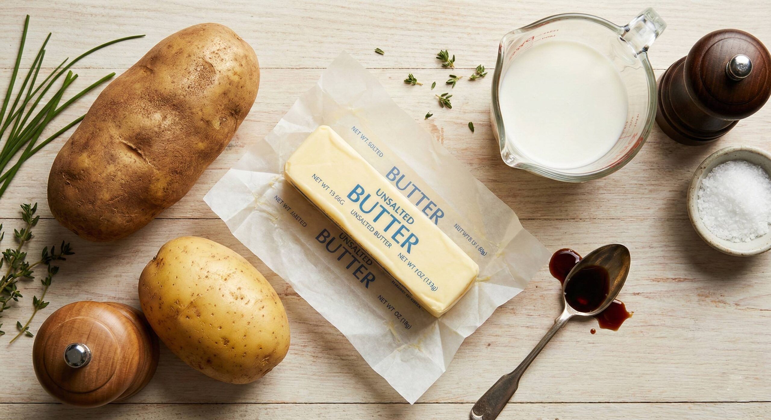 Mashed potatoes ingredients with an optional soy sauce umami boost