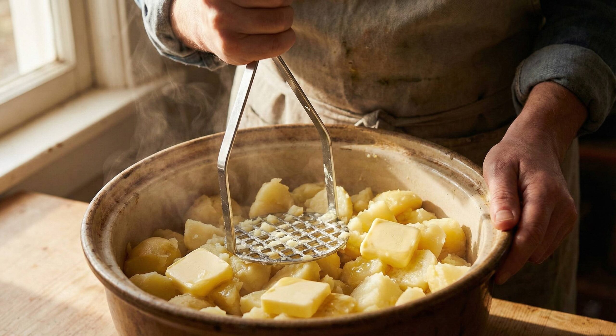 Mashing potatoes with butter for creamy mashed potatoes