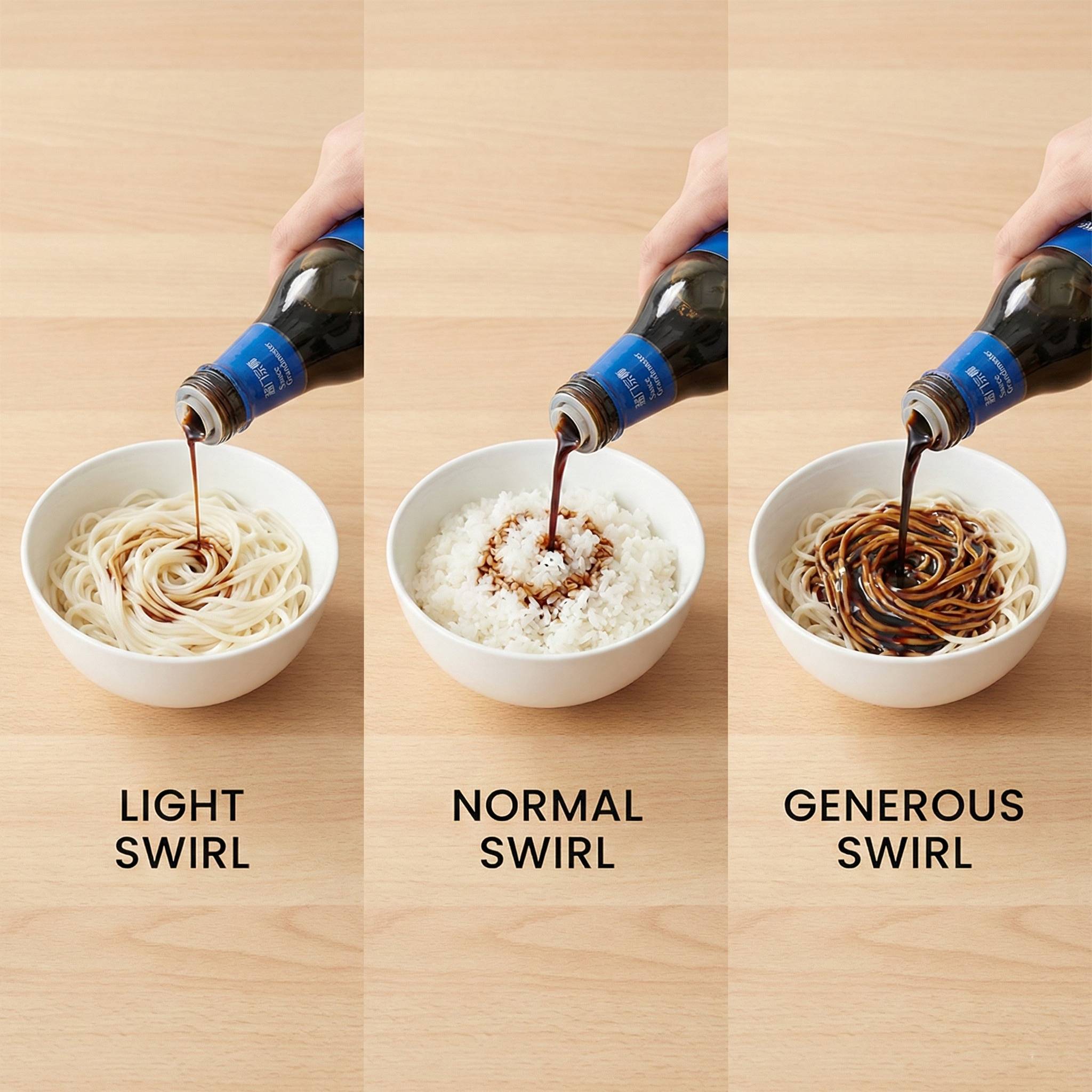  Three bowls showing a light, normal, and generous swirl of soy sauce for comparison.