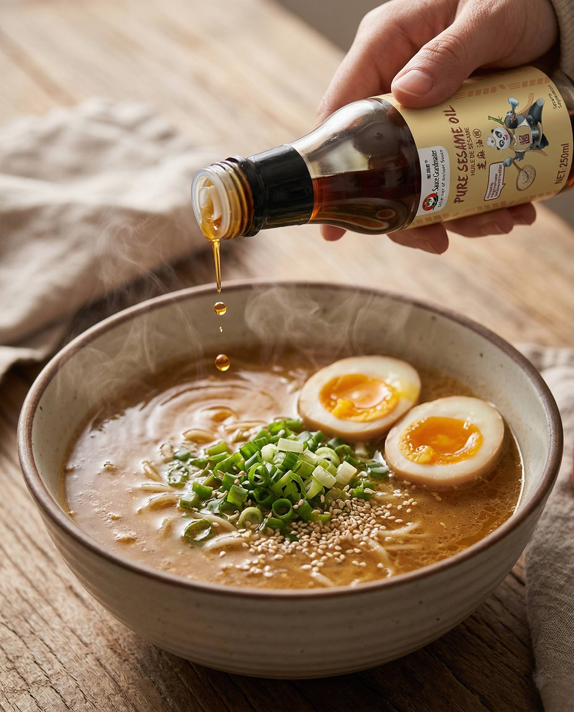 Sesame oil added to a bowl of ramen for rich flavor