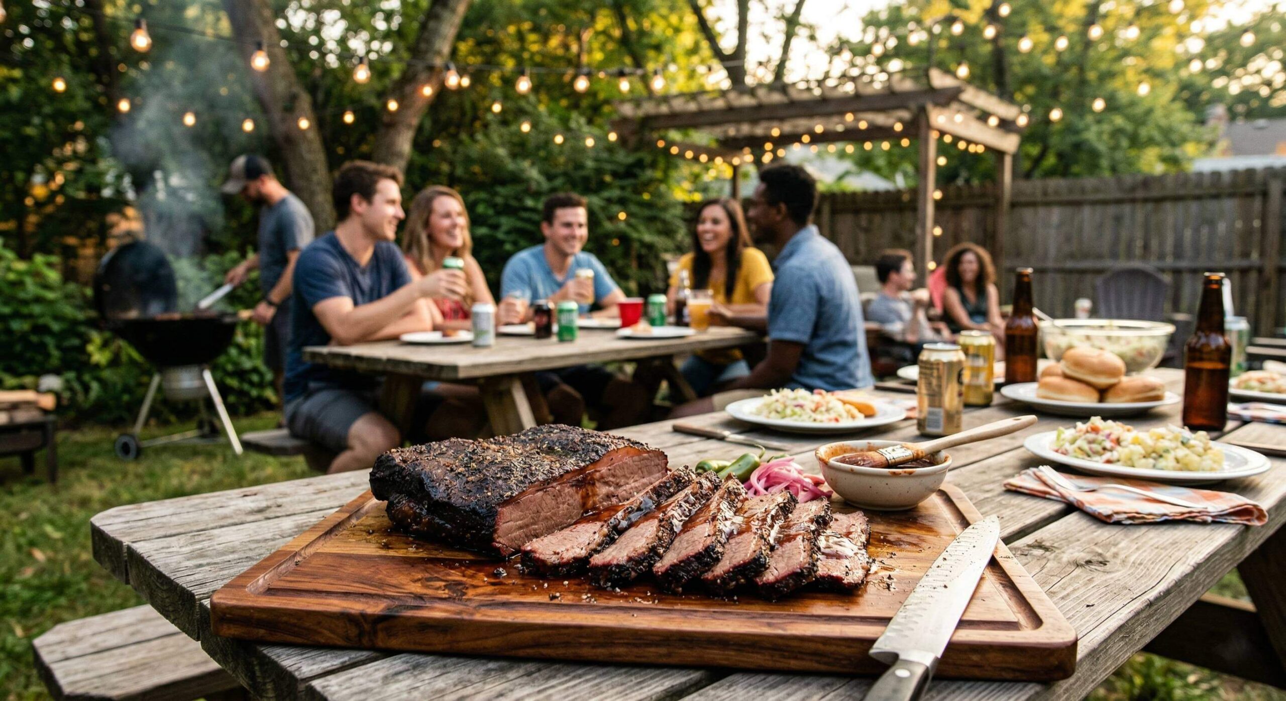 Sliced smoked brisket with tangy smoky barbecue sauce on a wooden board at a summer backyard BBQ