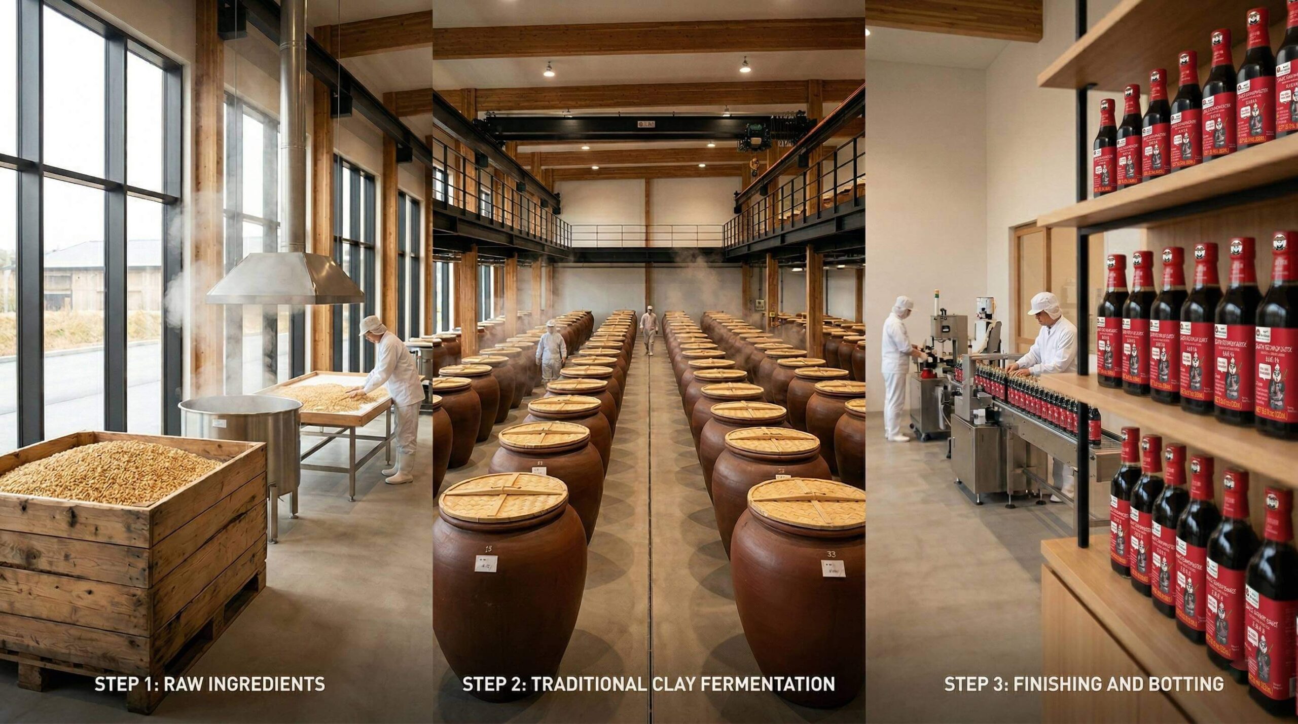 Soybeans, fermentation tanks, and bottled dark soy sauce arranged in a clean production setting, showing the journey from raw ingredients to finished product