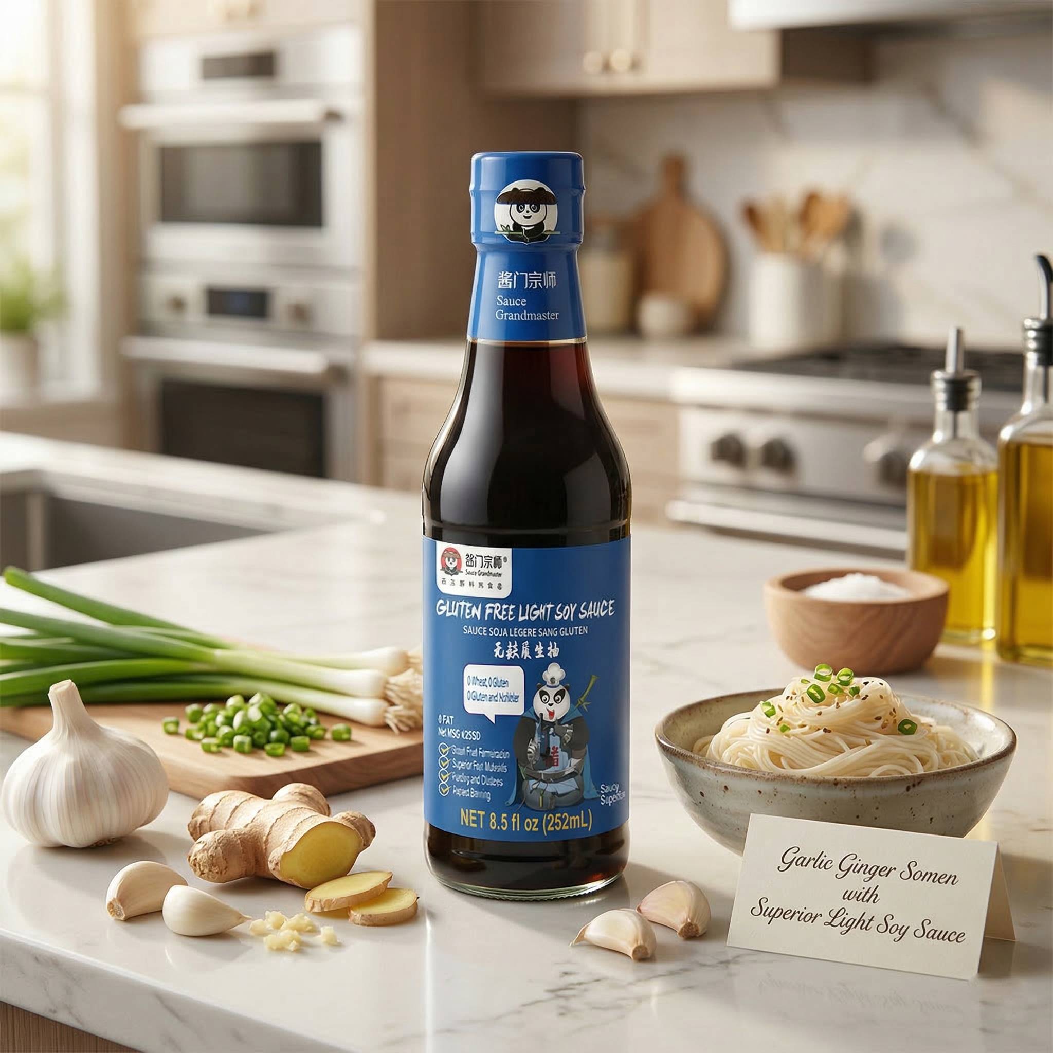 Best superior light soy sauce bottle on a kitchen counter with fresh ingredients