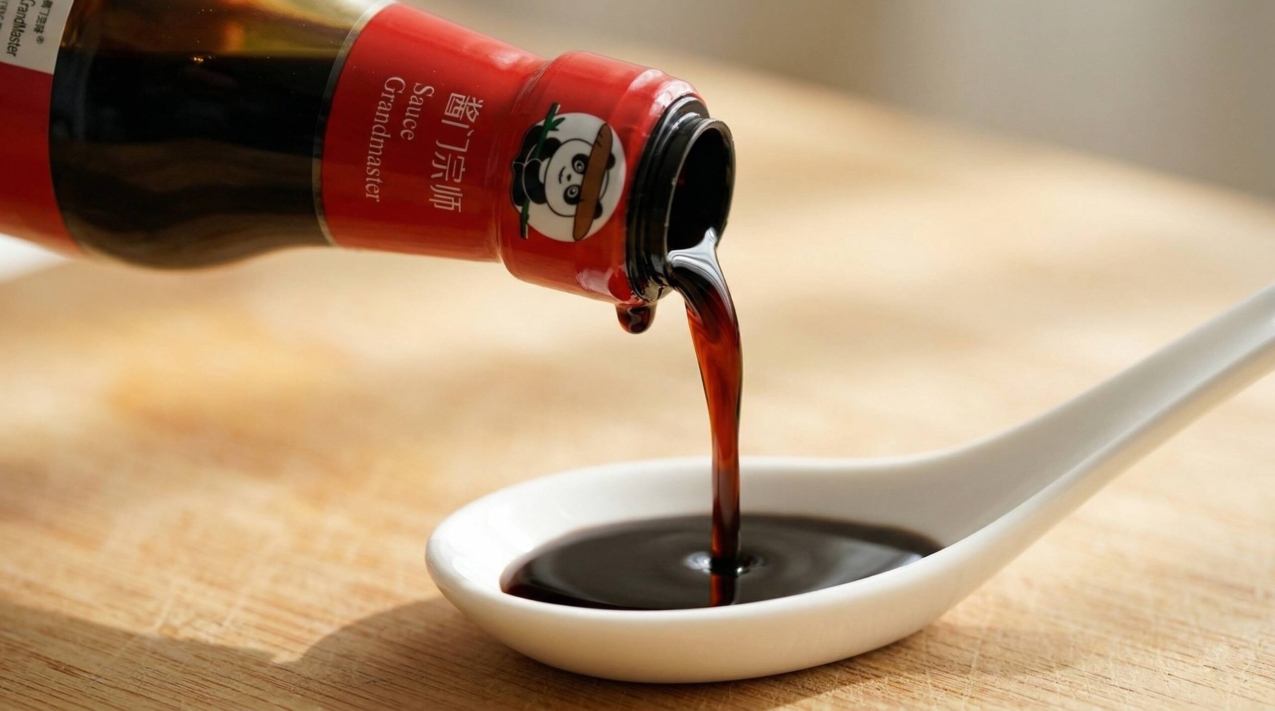 A close-up of dark soy sauce being poured from a glass bottle into a spoon, showing its deep brown color and slightly thick texture.