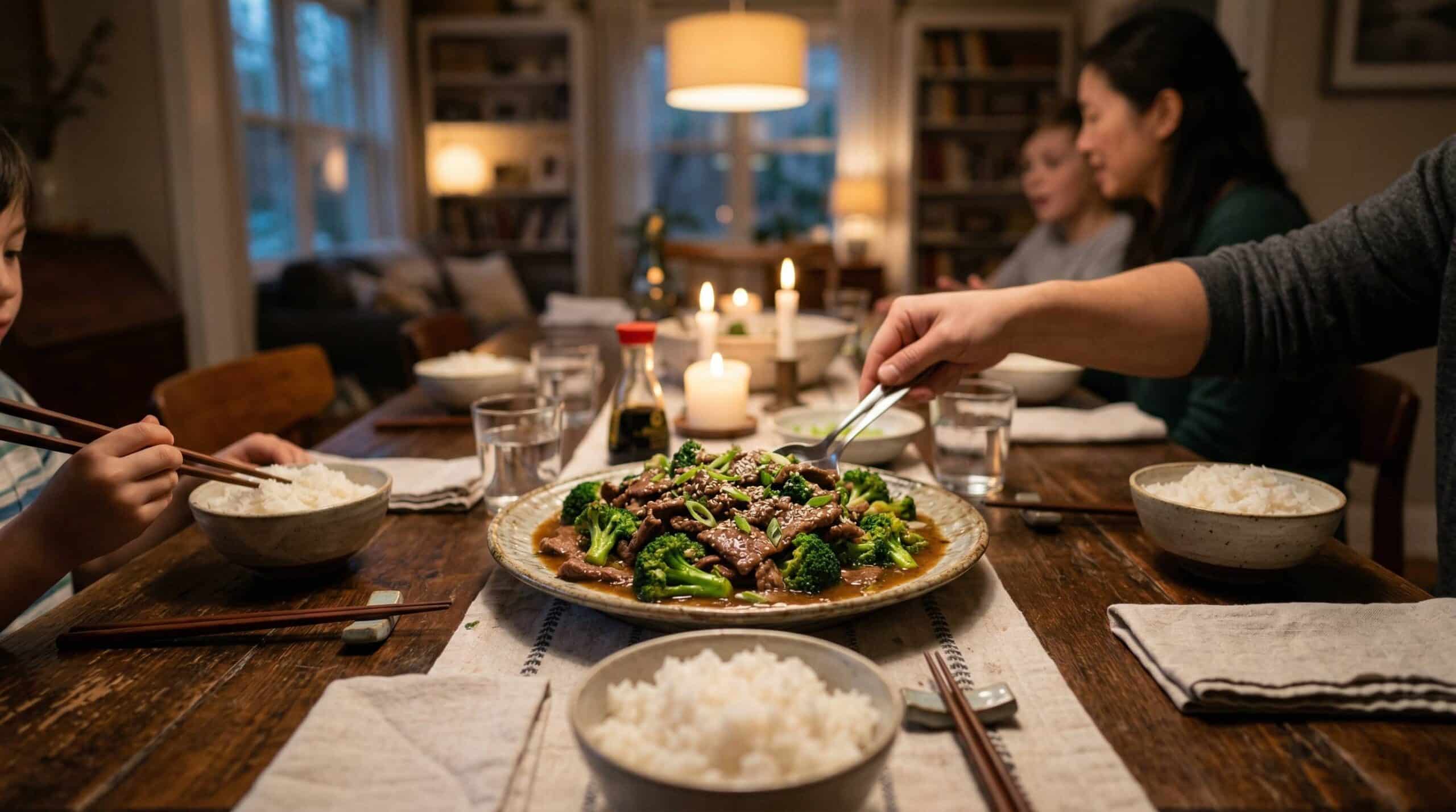 Asian-American style beef and broccoli dinner on the table