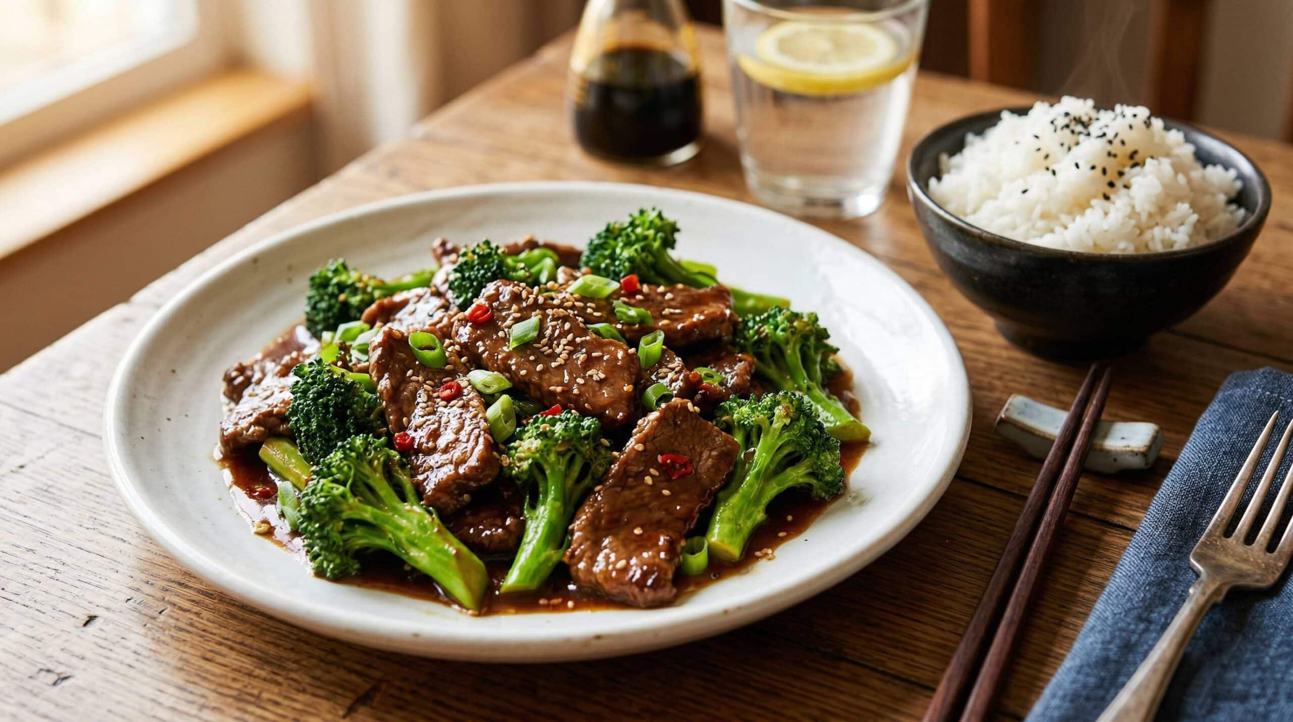 Beef and broccoli stir-fry served with steamed rice