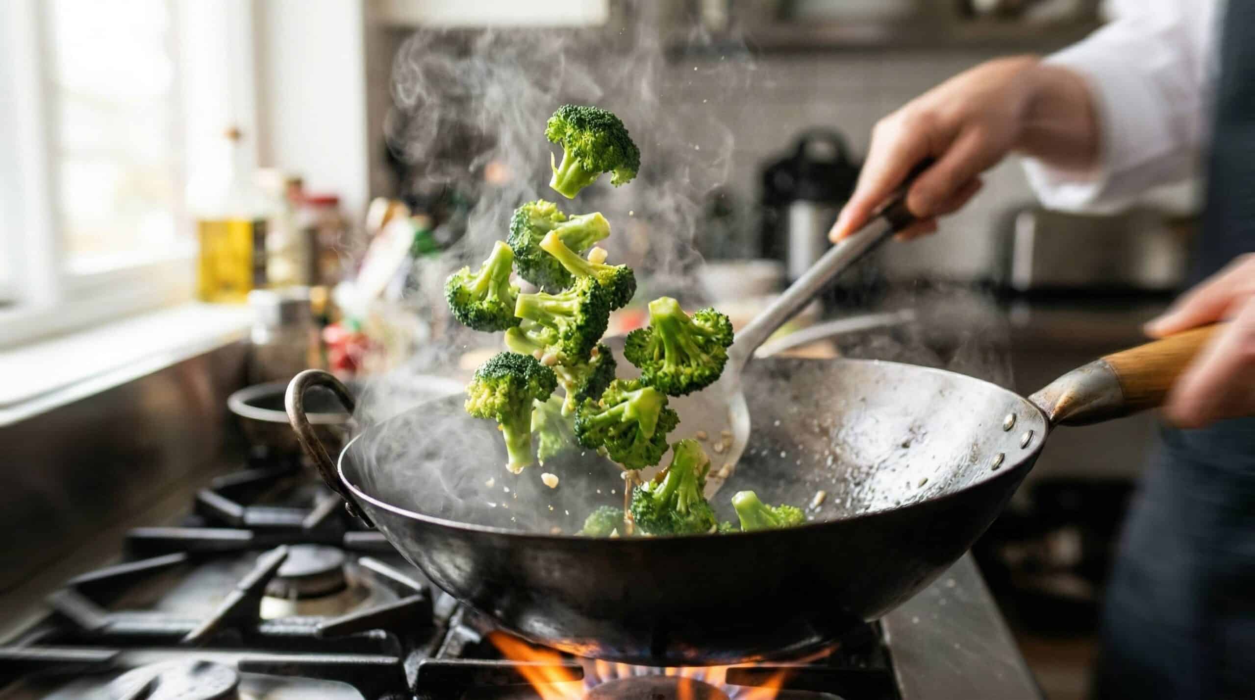 Broccoli cooking in a hot skillet for homemade beef and broccoli