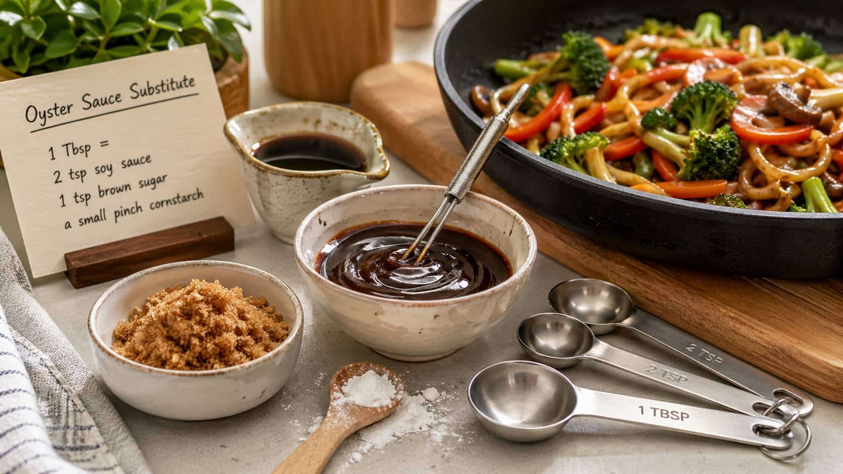 Quick Oyster Sauce Substitute Mix soy sauce, brown sugar, and cornstarch to create a thickened sauce—perfect for stir-fries and noodles.