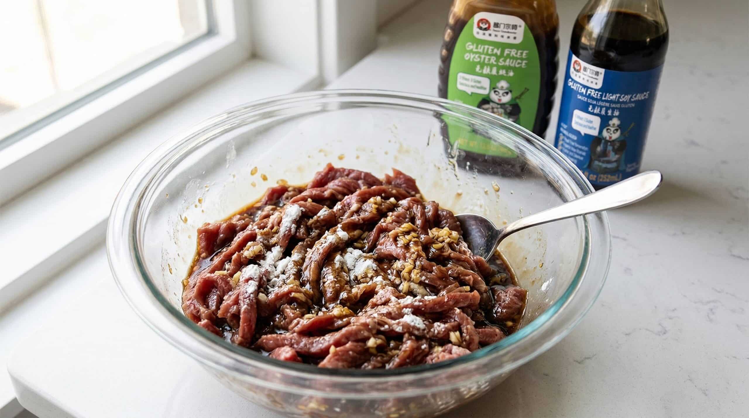 Thin sliced beef marinating for beef and broccoli stir-fry